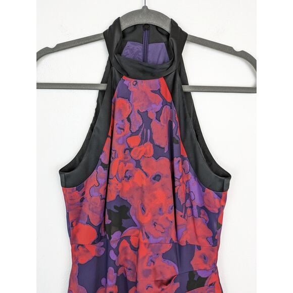 Karen Millen Dress Halter Floral Satin Cocktail Purple Red Black Designer Size 6 - Picture 4 of 13